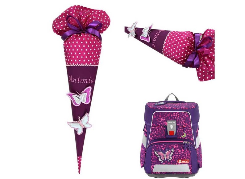 School cone Butterfly purple, personalized sugar cone Butterfly, embroidered with name, school cone fabric, suitable for Step by Step Butterfly image 1