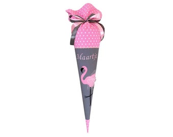 Schultüte "Flamingo", personalisierte Zuckertüte, mit Namen bestickt, Schultüte Stoff rosa/grau, Stoff-Schultüte, für Mädchen, für 70 cm