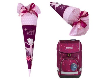 Cône d'école "Ballerine", cornet de sucre personnalisé avec danseuse, brodé du nom, Ergobag Casse-Noisette Ours, bordeaux/rose, cône d'école pour filles