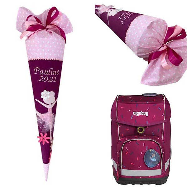 School cone "Ballerina", personalized sugar cone with dancer, embroidered with name, Ergobag Nutcracker Bear, burgundy/pink, girls school cone