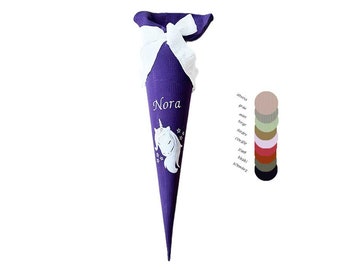 School cone "Unicorn" purple, personalized sugar cone embroidered with name, large fabric school cone made of muslin