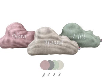 Cloud pillow with names in pastel shades of waffle pique