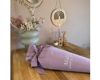 Personalized muslin school cone purple, sugar cone in a nostalgic look, embroidered with name and school child, in many colors, suitable for 70 cm