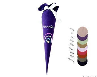 School cone "Rainbow", personalized sugar cone in purple, embroidered with name, fabric school cone, fabric school cone made of muslin