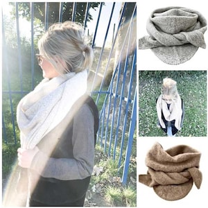 Könnte beinhalten: Drei verschiedene Möglichkeiten, einen grauen Strickschal zu stylen. Der Schal wird in verschiedenen Variationen gefaltet und um den Hals gebunden gezeigt.