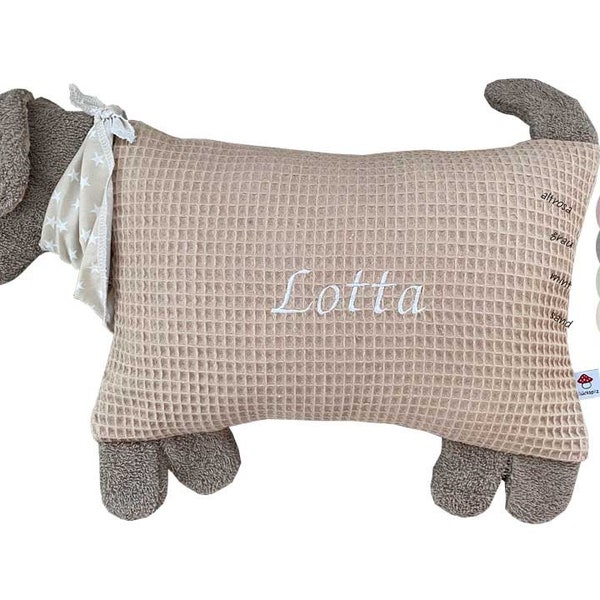 Kuscheltier Kissen "Hund", aus Waffelpique, mit Namen personalisiert,  Geschenk zu Geburt, Taufe,  in Pastellfarben