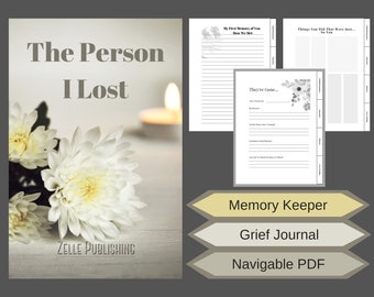 Könnte beinhalten: Ein weißer Buchumschlag mit dem Titel "The Person I Lost" und einem Foto von weißen Blumen und einer brennenden Kerze. Das Buch wird als Memory Keeper, Trauertagebuch und Navigierbares PDF beschrieben.