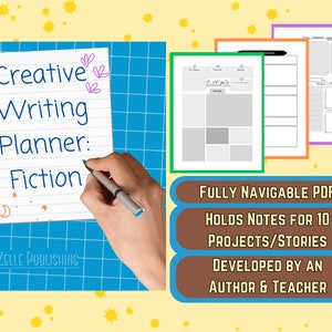 Puede incluir: Una libreta azul y blanca con cuadrícula con el texto "Creative Writing Planner: Fiction" escrito en tinta azul. La libreta está abierta en una página en blanco con una mano sosteniendo una pluma plateada que escribe en ella. La libreta está rodeada de estrellas amarillas sobre un fondo amarillo. El texto "FULLY NAVIGABLE PDF", "HOLDS NOTES FOR 10 PROJECTS/STORIES", "DEVELOPED BY AN AUTHOR & TEACHER" está escrito en marrón sobre un rectángulo marrón.