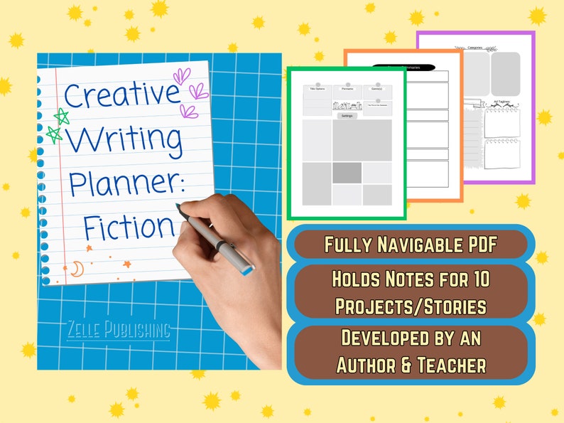 K&ouml;nnte beinhalten: Ein blaues und wei&szlig;es kariertes Notizbuch mit dem Text "Creative Writing Planner: Fiction" in blauer Tinte. Das Notizbuch ist auf einer leeren Seite ge&ouml;ffnet, auf der eine Hand einen silbernen Stift h&auml;lt und schreibt. Das Notizbuch ist von gelben Sternen auf gelbem Hintergrund umgeben. Der Text "FULLY NAVIGABLE PDF", "HOLDS NOTES FOR 10 PROJECTS/STORIES", "DEVELOPED BY AN AUTHOR & TEACHER" ist in Braun auf einem braunen Rechteck geschrieben.