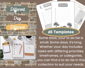 Könnte beinhalten: Ein Bild mit 65 Vorlagen für To-Do-Listen. Das Bild zeigt verschiedene Layouts, einen Notizblock, einen Kalender und den Text "Different Day, Different". Die Vorlagen sind für verschiedene Bedürfnisse konzipiert.