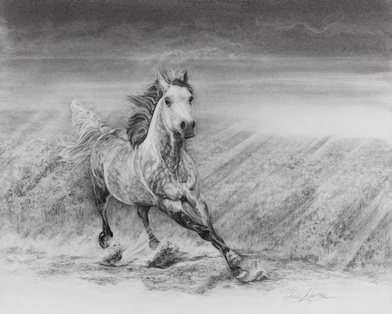 GALLOPING GLORY ROAD-  Fine Art Original -  Charcoal Drawing - Custom mat and frame - 26 x 24