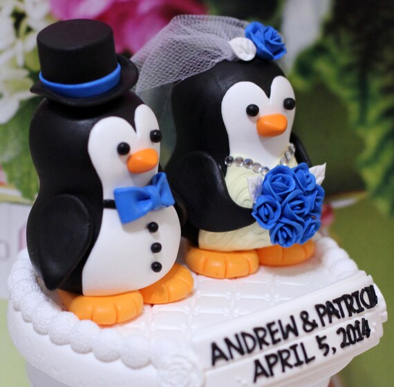 Un Topper De Gateau De Mariage Du Couple Pingouin Blue Etsy