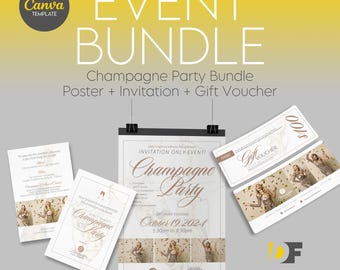 Champagne Party Bundle Canva Templates | Invitation, Poster & Gift Voucher | Client Event Marketing Kit