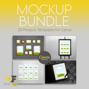 Könnte beinhalten: Ein Mockup-Paket mit 25 Produktvorlagen für Canva. Das Bild zeigt verschiedene Mockups von Rahmen, eine Leinwand auf einem Staffelei und einen gerahmten Druck in einer Box. Der Text "Canva Template" ist in einem Kreis sichtbar.