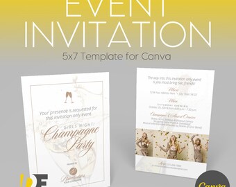 Champagne Party Invitation | 5x7 Editable Canva Template | Double-Sided | A7 Envelope Size