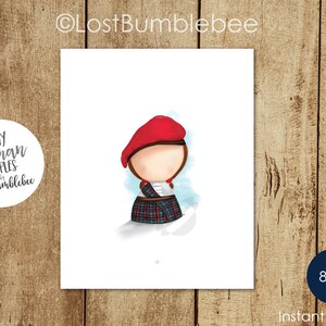 May include: Printable 8x10 inch digital download of a cartoon illustration of a person wearing a red hat and a plaid kilt. The illustration is in a watercolor style and has a light blue background.