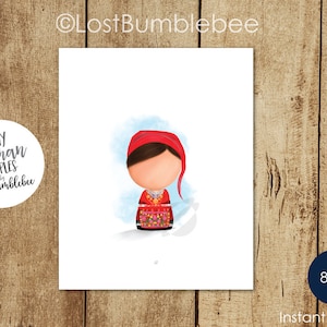 May include: Printable illustration of a girl wearing a red dress and hat with a floral pattern. The illustration is on a white background with a blue watercolor wash.
