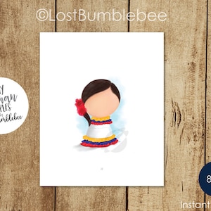 May include: A watercolor illustration of a faceless girl in a traditional Colombian dress. The dress is white with yellow, blue, and red accents. A red flower adorns her dark hair. The print is labeled "8x10 Instant Printable."