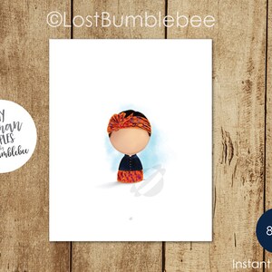 May include: Printable 8x10 inch digital download of a cartoon illustration of a person wearing a colorful head scarf and a blue shirt. The illustration is on a white background with a blue watercolor effect.