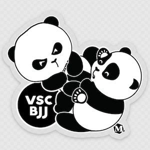 May include: Black and white sticker of two pandas wrestling. The panda on top has the text "VSC BJJ" on its belly.