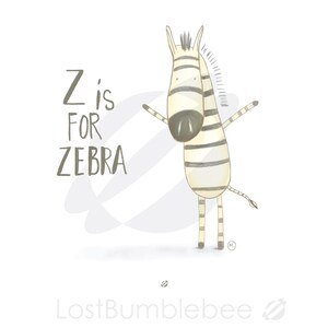 May include: A black and white zebra with a striped pattern stands with its arms outstretched. The text "Z is for Zebra" is written in black lettering on a white background.