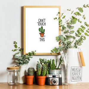 May include: A framed print with the text "CAN'T TOUCH THIS" above a cartoon cactus in a pot. The print is in a light wood frame. The image is surrounded by potted cacti, a vintage camera, and decorative plants in white vases.