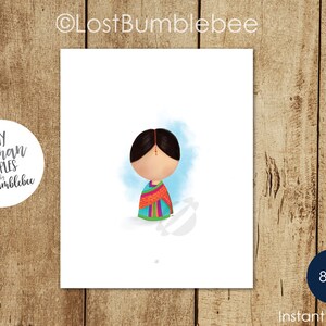 May include: A digital illustration of a woman wearing a colorful sari and a blue bindi. The woman is standing on a blue and white background. The image is titled "Tiny Human Peoples by LostBumblebee".