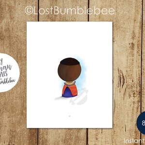 May include: An 8x10 instant printable art print featuring a stylized illustration of a person with a dark brown head and a colorful neckpiece. The artwork is set against a white background, with the artist's name and a logo in the image.
