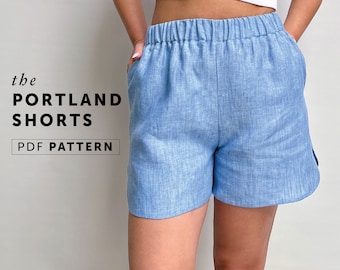 The Portland Shorts PDF sewing pattern, easy sewing pattern, elasticated waist shorts pant pattern, running boxer shorts, Scandi shorts
