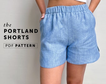 The Portland Shorts PDF sewing pattern, easy sewing pattern, elasticated waist shorts pant pattern, running boxer shorts, Scandi shorts