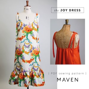 The Joy Dress Sewing Pattern - A-line Dress with Tie Shoulder Straps, Side Pockets, and ruffled Hem, UK Sizes 8-22,Wedding Guest Dress, DIY Fashion. Shown in Gucci deadstock print fabric and orange linen