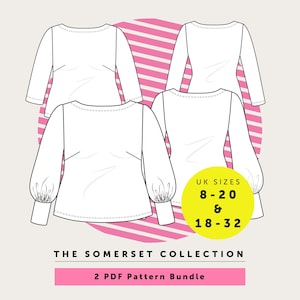 Puede incluir: Una descarga digital de dos patrones de costura PDF para una blusa de manga larga con cuello de barco y mangas abullonadas. Los patrones están disponibles en tallas UK 8-20 y 18-32. La imagen muestra un dibujo de línea de la blusa en blanco sobre un fondo a rayas rosa y blanco. El texto "THE SOMERSET COLLECTION 2 PDF Pattern Bundle" está en la parte inferior de la imagen.
