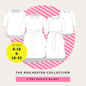 May include: A digital download of two PDF sewing patterns for a dress. The patterns are available in UK sizes 8-18 and 18-32. The image shows three line drawings of the dress, with a pink and white striped background.