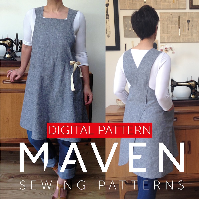 Maria Apron pdf sewing pattern - crossback, Japanese style Studio Makers apron, gardener or kitchen apron in chambray denim, worn in front of vintage Ercol sideboard