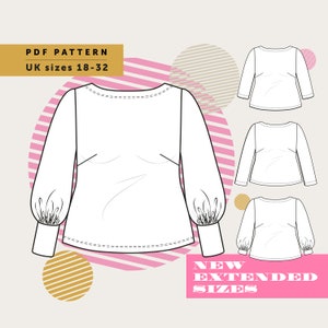 Peut inclure: Un chemisier blanc à manches longues avec un col bateau et des poignets froncés. L'image comprend le texte "PDF PATTERN UK sizes 18-32 NEW EXTENDED SIZES".