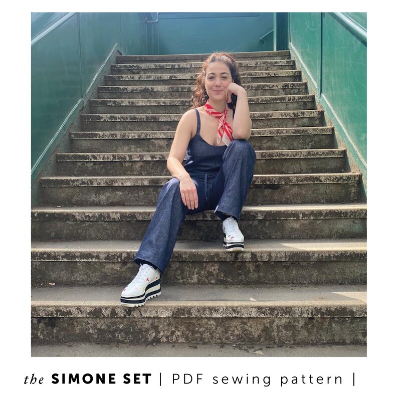 The Simone Set. A two-piece pattern with versatile styling options. Camisole top with two strap choices and a shaped hem. Slim-fit trousers with straight legs, an elasticated waist, and front slant pockets.