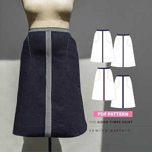 Patrón de costura en PDF para falda vaquera de línea A: La falda Good Times - Patrón de falda fácil para mujer con bolsillos enormes.