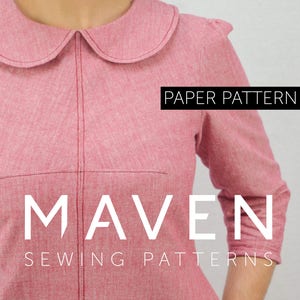 May include: A red textured fabric top featuring a rounded Peter Pan collar, three-quarter length sleeves, and a vertical center seam. The image includes the text PAPER PATTERN, MAVEN, and SEWING PATTERNS overlaid in white and black boxes.