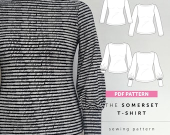 Patrón de costura en PDF para camiseta Somerset, punto con cuello barco (descarga digital)