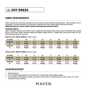 SIZE CHARTS AND FABRIC REQUIREMENTS FOR THE JOY DRESS SEWING PATTERN; Customizable Fit - UK Sizes 8-22, Choose Your Fabric - Casual or Chic.