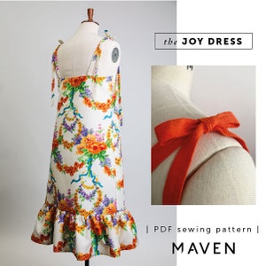 The Joy Dress Sewing Pattern - A-line Dress with Tie Shoulder Straps, Side Pockets, and ruffled Hem, UK Sizes 8-22,Wedding Guest Dress, DIY Fashion. Back view of both versions; a perfect sundress for a sunny holiday or vacation