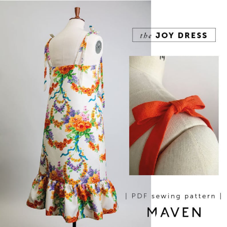 The Joy Dress Sewing Pattern - A-line Dress with Tie Shoulder Straps, Side Pockets, and ruffled Hem, UK Sizes 8-22,Wedding Guest Dress, DIY Fashion. Back view of both versions; a perfect sundress for a sunny holiday or vacation