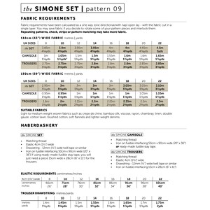 The Simone Set - Camisole Top and Elasticated Waist Trousers. Size Chart and Fabric Requirements. Detailed size chart and fabric recommendations