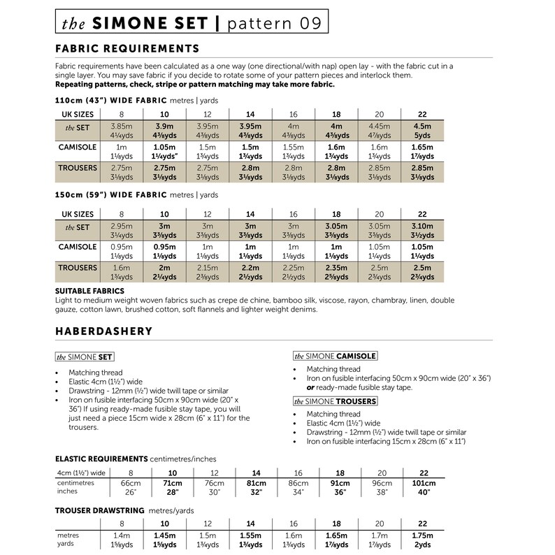 The Simone Set - Camisole Top and Elasticated Waist Trousers. Size Chart and Fabric Requirements. Detailed size chart and fabric recommendations