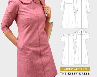 The Kitty Dress sewing pattern. Women's Dress sewing pattern with a  peter pan collar and long sleeves. Printed paper sewing pattern
