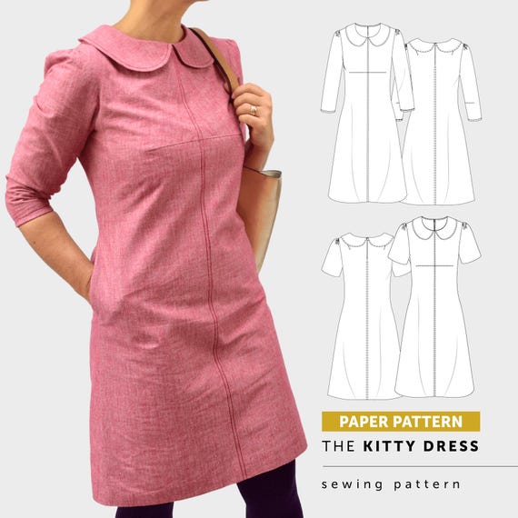 The Kitty Dress sewing pattern. Women's Dress sewing pattern with a  peter pan collar and long sleeves. Printed paper sewing pattern