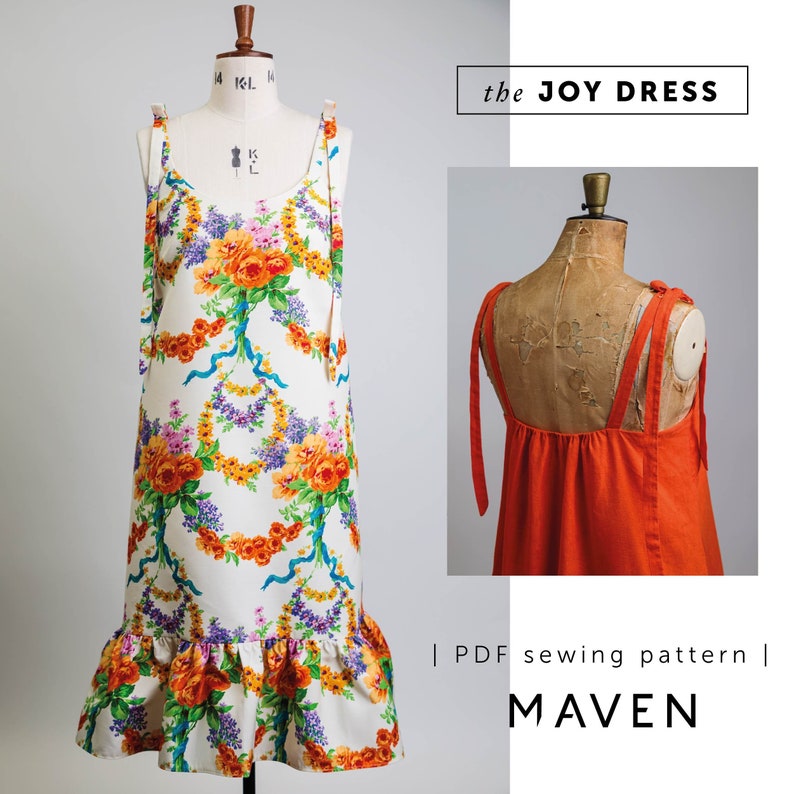 The Joy Dress Sewing Pattern - A-line Dress with Tie Shoulder Straps, Side Pockets, and ruffled Hem, UK Sizes 8-22,Wedding Guest Dress, DIY Fashion. Shown in Gucci deadstock print fabric and orange linen