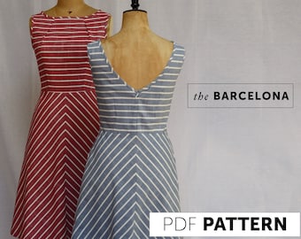 The Barcelona PDF Sewing Pattern - Versatile Sleeveless Dress with Boat Neck and V-Back bodice, Women's Summer Dress, Wedding guest outfit