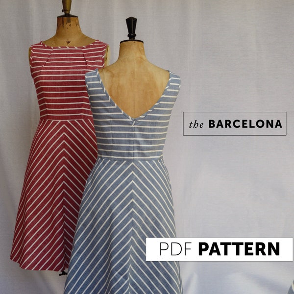 The Barcelona PDF Sewing Pattern - Versatile Sleeveless Dress with Boat Neck and V-Back bodice, Women's Summer Dress, Wedding guest outfit
