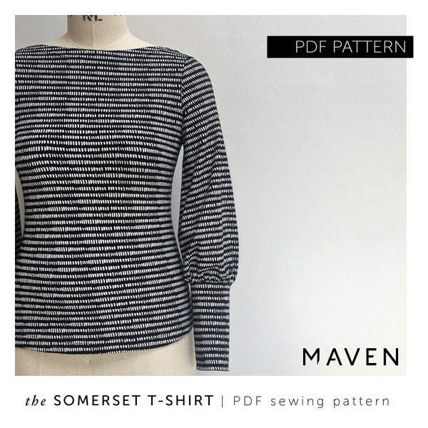 The Somerset T-shirt PDF sewing pattern, Digital download, women's tee t-shirt pattern with slash neckline, bateau boat neck knit pattern